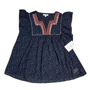 Maette Navy Blue Embroidered Cap Sleeve Blouse M